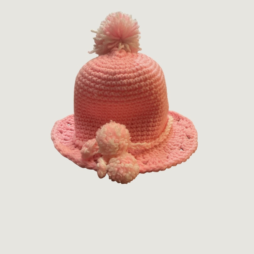 Handmade Crochet Baby Hat Pink Ruffle Brim Pom Pom Beanie Lot of 2